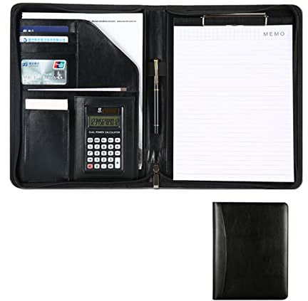Ordner-Organizer, Schreibmappe, Notizblock, A4, Portfolio-Hülle mit Reißverschluss und Leder-Schreibblock, Reisepasshülle, Stifthalter, Visitenkartenordner(Black)