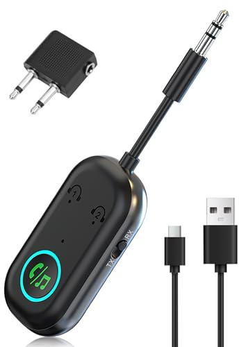 Airplane Bluetooth 5.3 Adapter Transmitter Receiver, Dual Pairing | Wireless Car Bluetooth Adapter for 2 AirPods or Headphones, 3.5mm AUX Jack Audio Transmitter for TV, Planes, Speaker