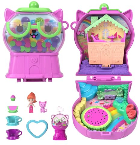 Polly Pocket Puppen und Spielset, Gumball Kitty Schatulle | Tragbares Reisespielzeug, 1 Mikro-Puppe, Haustier, Teetasse und Wippe, Zubehör in Fruchtoptik, JKC50