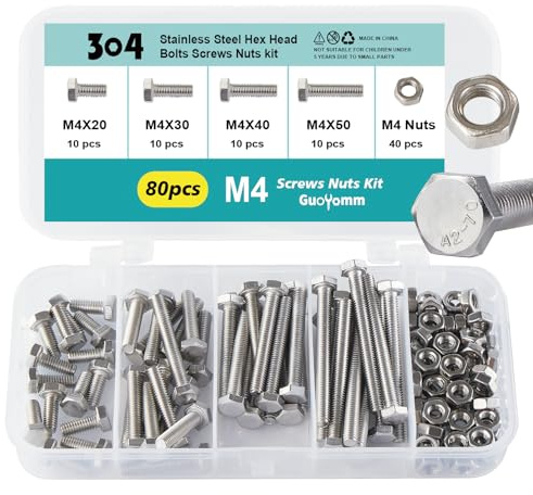 GuoYomm Set di 80 viti M4, viti esagonali in acciaio inox 304, set di bulloni e dadi, viti per macchine, lunghezze: 20mm, 30mm, 40mm, 50mm