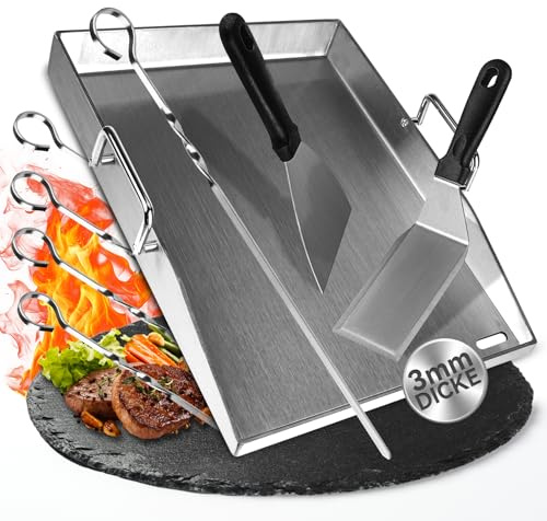 Piastra per barbecue Plancha in acciaio inox spesso e inossidabile, 40 * 30 * 3cm piastra per barbecue, adatta per barbecue a gas e barbecue a carbone， Contiene 2 spatole e 5 spiedini