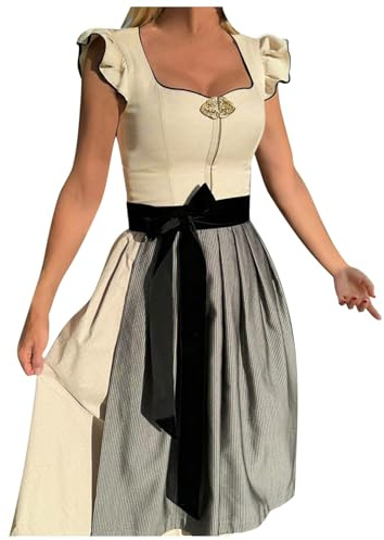 LOSSLO Dirndl Damen Midi Dirndlkleid Damen Modern Schwarz Trachtenkleid Dirndl Schürze Elegant Trachten Kleid Trachtenmode Bayerisches Kostüm für Oktoberfest Karneval S - 5XL