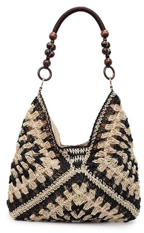 Handgewebte Damen Stroh Umhängetasche mit Magnetverschluss - Große Vintage Boho Geflochtene Strandtasche aus Bast, Schultertasche für Sommer, Reisen, Einkaufen und Urlaub(Schwarz,Schwarz & Weiß)