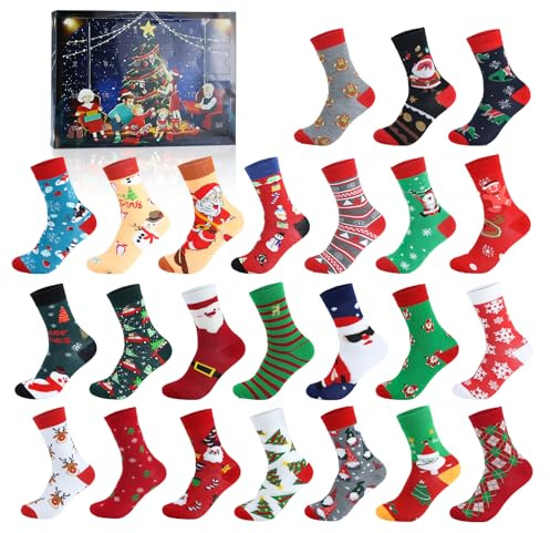 Aischens Calendario de Adviento de Navidad 2025, 24 Calcetines Navideños Individuales (sin pares), Calcetines de Navidad para Mujeres y Hombres, Talla 35-38, Calcetines de Invierno Unisex Regalos