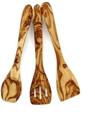 DAGDEG Lot de 3 cuillères de cuisine en bois d'olivier – Spatule, cuillère à risotto et cuillère à fente – Durable, antibactérienne et fabriquée à la main – Couverts de cuisine en bois naturel