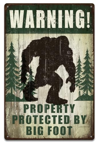 SUPERDANT Forest Sasquatch Metal Signs Funny Warning Tin Signs Property Protected by Big Foot Wall Plaques Iron Poster Art for Man Cave Home Garden Bedroom Bar Pub Vintage Decor