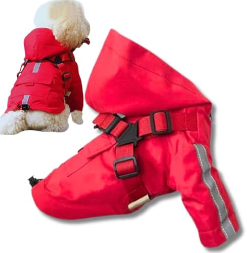 Lalazoo REINOR Wasserdichter Hunderegenmantel mit Kapuze & integriertem Geschirr – reflektierende Regenjacke 2-in-1 mit Reißverschluss & Sicherheitsverschluss – leicht Winddicht verstellbar, Rot 2XL