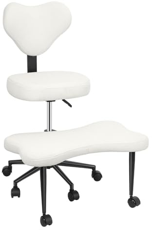 Roadoor Schreibtischstuhl für Schneidersitz, Yoga Stuhl mit Rollen & Rückenlehne, Höhenverstellbar, Ergonomischer Kniestuhl mit 360° Fußablage, Teddyfleece Meditationsstuhl für Home Office (Beige)