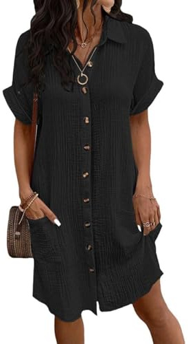Yutdeng Robe Éte Femme en Coton et Lin Chic et Élegant Décontracté Col en V Boutonnée Robe de Plage Couleur Unie Robes Chemise à Manches Courtes Midi Robes Longue avec Poches