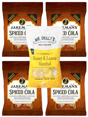 Jakemans Menthol Cough Drops 4 x Spiced Cola 1 x Honey & Lemon | Soothing Herbal Lozenges for Cough Relief, Sore Throat | Natural Vapour Action Hard Candy (5 Pack) (Spiced Cola/Honey & Lemon)