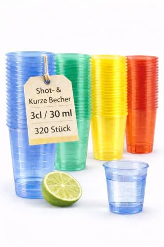 buxmed 320x Shotbecher (je 80 Stück blau, grün, rot, gelb) 3 cl mit Skala – Schnapsgläser Plastik, Shotgläser, Pinnchen, Becher für Shots, BPA frei, stapelbar, Party Zubehör & Dosierbecher