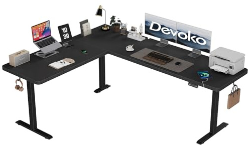 Devoko Höhenverstellbarer Schreibtisch L-Form 190x155cm mit USB-A, Schwarz | Eckschreibtisch Höhenverstellbar mit 20mm Tischplatt,3 Speicherhöhen & Kabelbox, Ergonomischer Steh-Sitz Tisch Computertisch