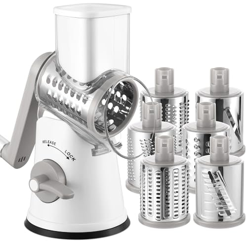 GDL Käsereibe mit Kurbel, Reibe mit 6 Klingen, Trommelreibe Gemüseschneider | Käse und Gemüsereibe, Schnelles Schneiden, Einfache Reinigung, Starker Saugfuß, Vielseitigkeit, NO BPA, Ergonomischer Griff