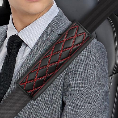 2Stück Auto Gurtpolster,Leder Gurtschoner Auto,Weich Sicherheitsgurtschutz Schulterpolster,Universelle Anschnallgurt Polster Sicherheitsgurtkissen für Erwachsene und Kinder (Rot)