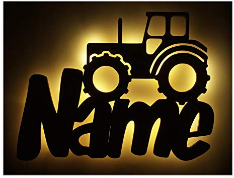 Namofactur personalisierte Traktor-Dekolampe aus Holz mit LED-Licht | Mit Wunschname und Geburtsdaten, batteriebetrieben und zum Aufhängen – auch als Türschild im Kinderzimmer nutzbar.