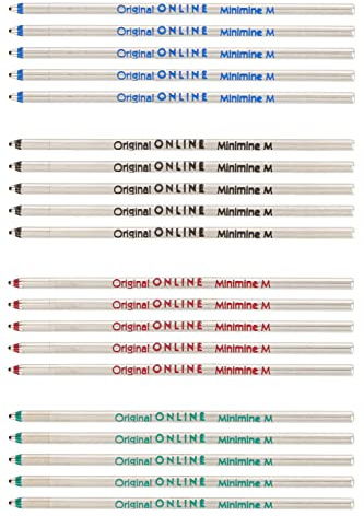 20x Kugelschreiber Ersatzminen in 4 Farben von Online, Standard D1 Minen, Strichstärke M, dokumentenecht, Set Kugelschreiberminen in vier Farben (jeweils 5x rot, blau, schwarz, grün)