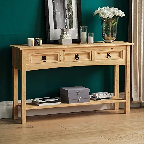 Vida Designs Rectangular Mesa consola Corona, 3 cajones con estante para almacenamiento adicional, madera maciza de pino, dimensiones (largo x ancho) 124 x 35 x 73 cm