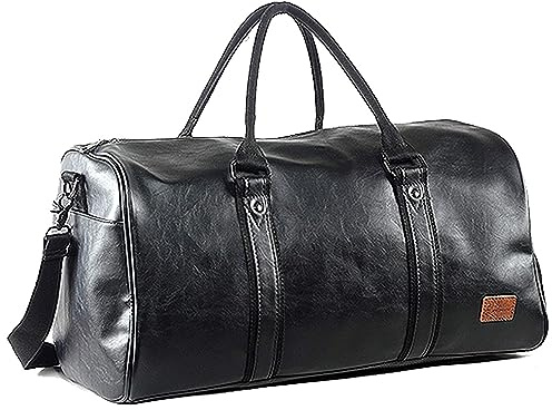 Leather Travel Bag with Shoe Pouch, Waterproof Weekender Overnight Bag, Large Carry On Duffel Bag for Men Women-Black