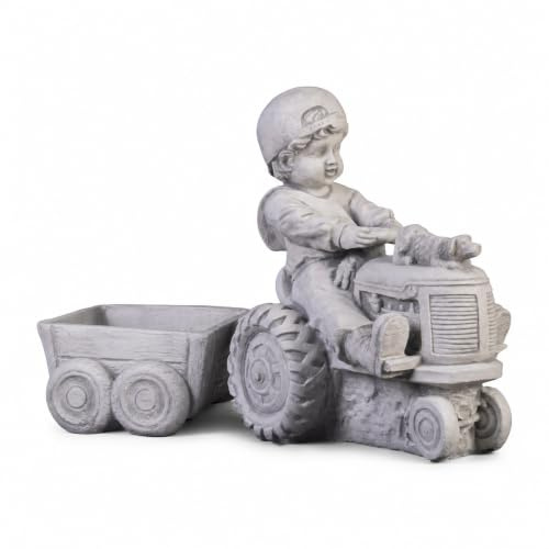 gartendekoparadies.de Figure de Pierre Massive garçon avec Tracteur et remorque en Pierre reconstituée, résistant au Gel
