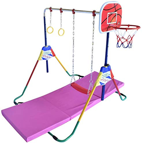 Kids Jungle Gym 4 in 1 Horizontal Bar w 2x6 FT Tumble Mat Monkey Bar Playground Horizontal Gymnastics Bar, Deluxe Swing Set, Trapeze Rings and Basketball Net Adjustable Foldable