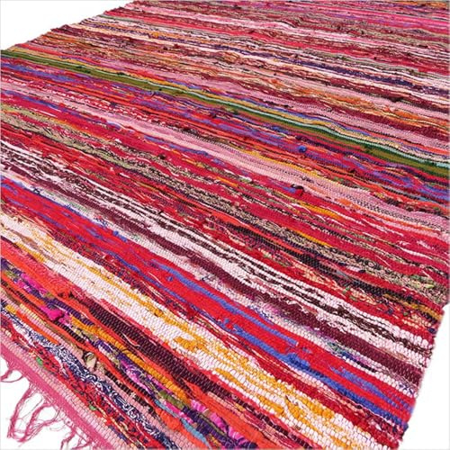 Ancient Wisdom Luxury Artisan Indian Rag Rug Multicolour Red Tint (150 x 90cm) Area Rug for Floor Carpet Colourful