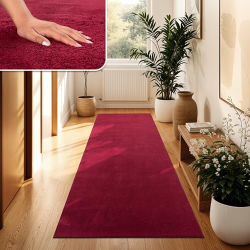 Paco Home Moderner Kuscheliger Wohnzimmer Teppich Kurzflor waschbar flauschig Weich Einfarbig Felloptik zeitlos stilvoll rutschfest pflegeleicht, Grösse:80x150 cm, Farbe:Rot