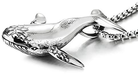 COOLSTEELANDBEYOND Annata Balena Ciondolo, Collana Uomo Donna, Acciaio Inossidabile, Catena del Grano 75cm, Unico