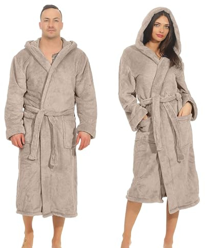ETÉREA® Bademantel Damen & Herren flauschig aus Kuschelfleece [MIT KAPUZE] - Sauna Bademantel Mustique - Bathrobe Women - Saunamantel Unisex flauschig, weich & trocknet schnell - Taupe Größe M