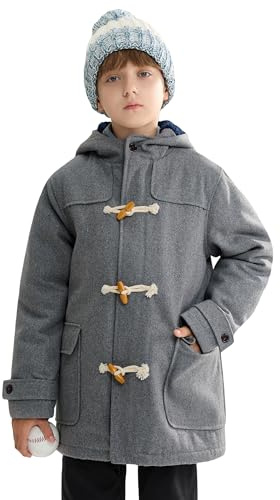 maoo garden Boys Wool Coat Kids Winter Heavy Sherpa Lined Duffle Jacket Hooded Trench Dress Coat Lightgray 13-14Y
