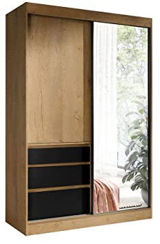 Megajra - Armoire à Portes Coulissantes Avec 3 Tiroirs, Miroir et 2 Barres de Vêtements - Pour Chambre à Coucher (Largeur 140 cm, Chêne Lefkas/Noir)