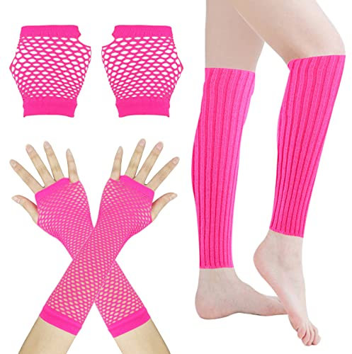 Fischnetz-Handschuhe Set, Rosa Lange und Kurz Fischnetz Fingerlose Handschuhe und Neon Beinstulpen für Frauen, Netz-Handschuhe 80er Jahre Kostüm Zubehör für Partybedarf (Rosa)