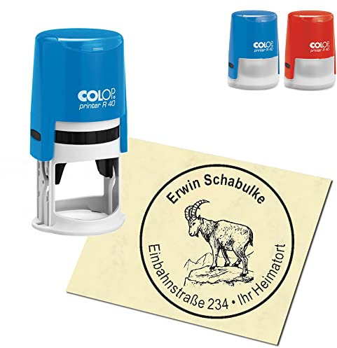 Stempel Adressstempel personalisiert - Steinbock - rund ∅ 40mm Automatikstempel als Firmenstempel Namensstempel Bürostempel