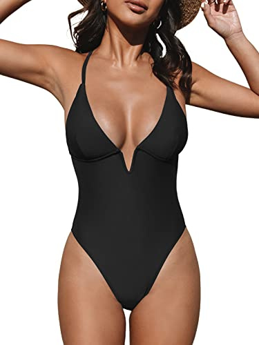 CUPSHE Maillot de Bain Une pièce pour Femme, col en V Profond, Bretelles réglables dans Le Dos, Noir, Taille XL