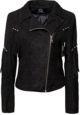QUEEN HELENA Giacca Scamosciata con Frange Giubbotto Chiodo Corto Borchiato Giacchetta Biker Casual Leggera Donna Y3003