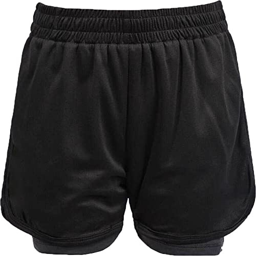 Short de football 2 en 1 pour enfants, pour garçons, sport, fitness, école PE, haut de gamme, athlétique, entraînement, gym, course à pied, Noir , 15-16 ans