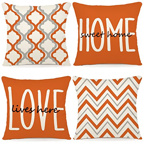 YCOLL Kissenbezug 40x40 4er Set Dekokissen Leinen Kissenbezüge Geometrische Muster Kissenhüllen für Sofa Schlafzimmer Couch Outdoor Kissen 40x40 Orange