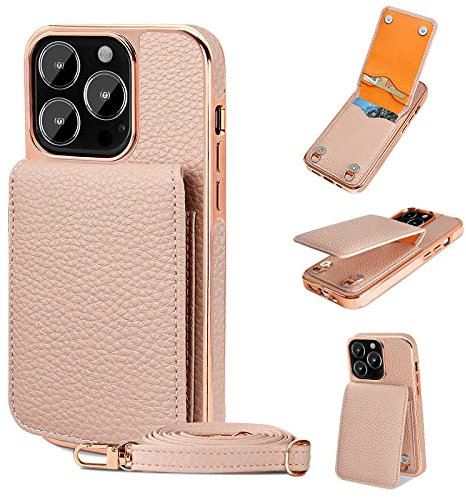 CLLDY Porta carte di stile portafoglio Placcatura Custodia per telefono Cordino Custodia in pelle modello litchi per iPhone 14 13 12 11 Pro Max XR XS X 7 8 Plus SE Mini, Rosa, Per iPhone 13 Pro