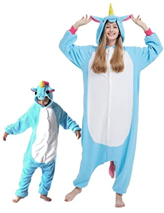 DarkCom Animal Onesie for Kids,Flannel Cosplay Blue Unicorn Halloween Christmas Costume Parent-Child Sleepwear for Girls Boys 10-11 Years