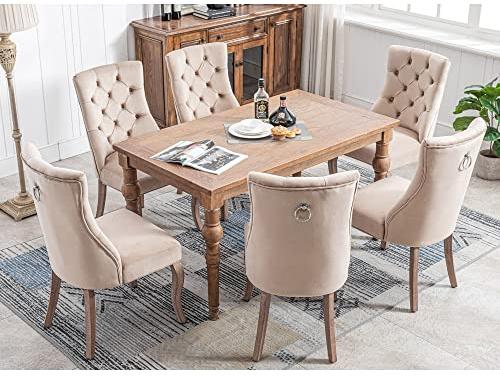 KecDuey 4-Fußstuhl, 6er Set Esszimmerstuhl,Samtstuhl, hohe Rückenlehne, mit Knopfsteppung, Wohnzimmerstuhl Gestell aus Massivholz Beige (6, Beige)