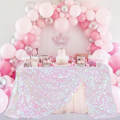 B-Cool 50x102 Inch Iridescent White Sequin Payette Tablecloth Sparkle Rectangle Table Cloth for Wedding Little Mermaid Birthday Party Decorations