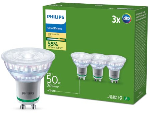 Philips Classic ultraeffiziente GU10 LED Lampe, 50W, warmweiß, 3-er Pack
