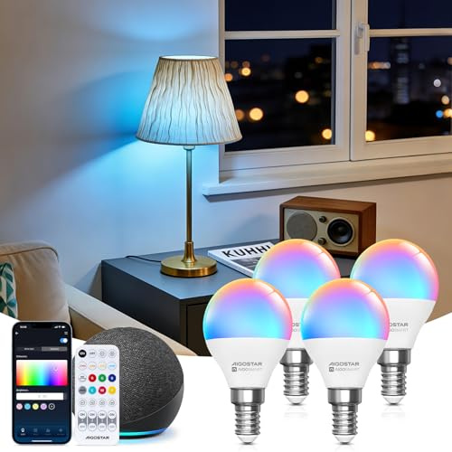 Aigostar Mesh - Alexa Glühbirne E14 Bluetooth Mesh G45 6.5W, Smarte Glühbirne Funktioniert mit Alexa, Smart Bulb LED 555LM RGB & 2700K-6500K, 4 Stücke (mit Bluetooth-Fernbedienung)