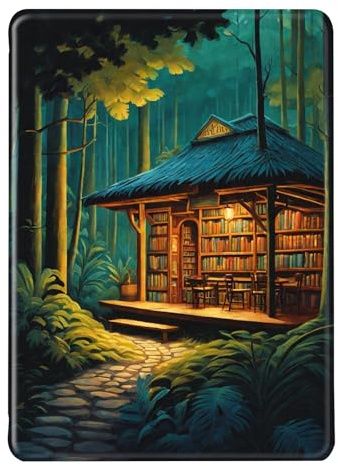 Hülle für Kindle Paperwhite 2015/2013/2012 7./6./5. Gen - Flip Silikon Auto Aufwachen/Schlafen Magnetisch TPU Case - Wald Glühwürmchen Sonnenblume Mädchen Buchhaus Muster (1)