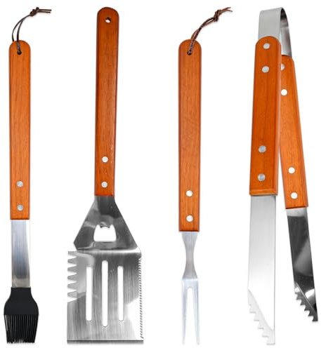 CAREDGO Set di Attrezzi da Barbecue da 4 Pezzi Set di Utensili da Barbecue in Acciaio e Legno Pinze per Barbecue Professionali Spazzola per Barbecue, Spatola per Barbecue, Forchetta per Barbecue