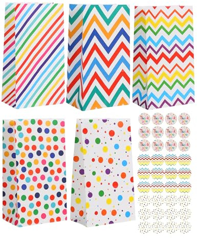Bunte Geschenktüten Kindergeburtstag 24 Stück | Regenbogen Farbe Papiertüten Partytüten Geburtstagstüten | Geschenk Mitgebsel Candy Tüten Kraftpapier | Geschenkverpackung Hochzeit | 24 Aufkleber