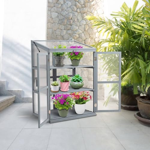 BIRCHTREE Large 3 Tier Outdoor Cold Frame Wooden Greenhouse Growhouse Transparent Polycarbonate Board Cupboard Weather Protection Openable Roof Lockable Door Flower Vegetable Planting Growth Grey