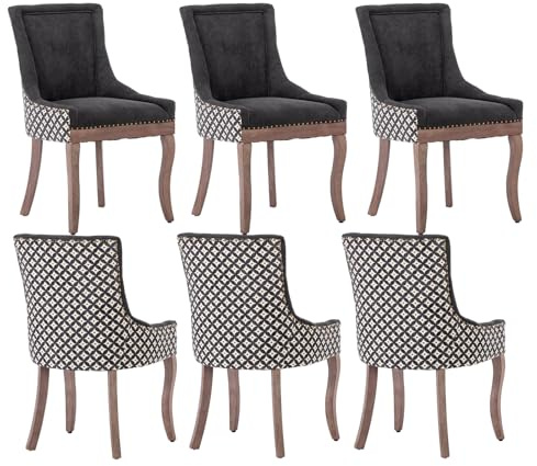 MZDOO Modern Dining Chairs Set of 6, High Back Dining Chairs Side Chairs with Solid Wood Legs, Upholstered Fabric Dining Room Chairs for Dining Room Kitchen, Black and Patterned