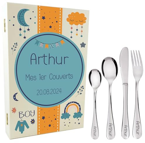 Gravure Events - Coffret en Bois avec 4 Couverts personnalisés pour Enfant - prénom gravé en France - Cadeau Noël bébé, Baptême, Cadeau de Naissance garçon - Modèle Blue Cloud