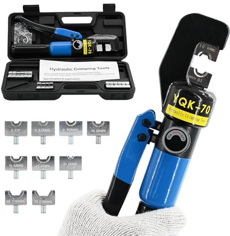 LFGUD 10T Hydraulic Lug Crimper Tool 12 AWG to 2/0 AWG Battery Cable Crimper Hydraulic Crimping Tool Electrical Terminal Wire Crimper with 9 Pairs of Dies Kit, Blue