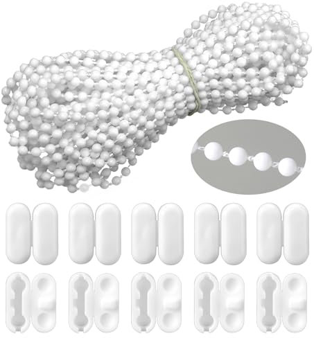 Hariendny 10 Meter Rollokette Jalousie Schnur Rollo-Perlenkette, Jalousie Ersatzschnur Jalousieschnur für Rollos, Catenine Tapparelle, Vertikaljalousienschnur mit 10 Perlenkettenverbindern (weiß)